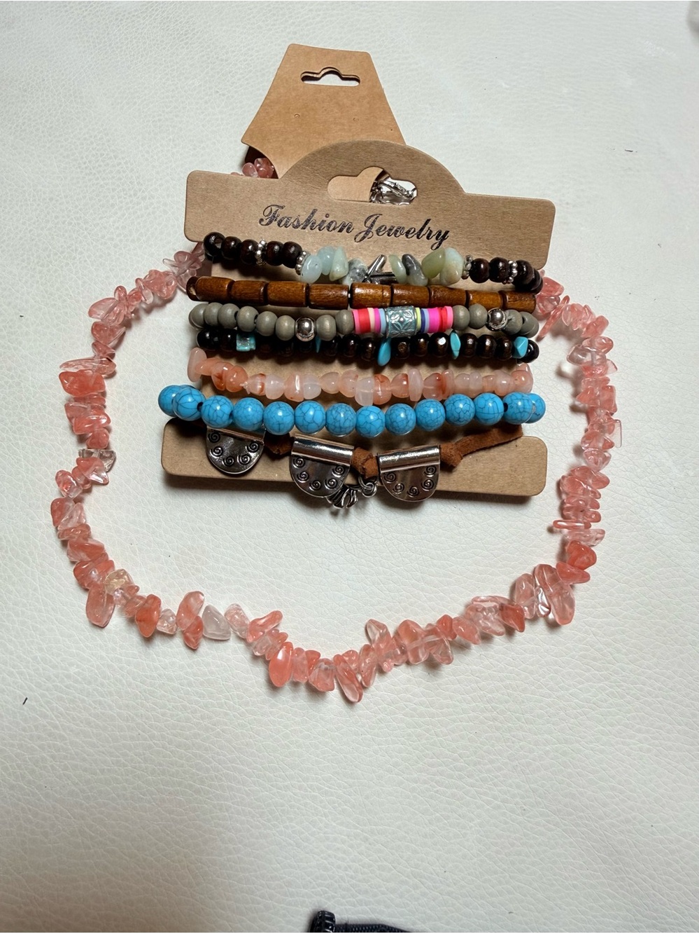 Fashion Jewelry Cherry Quartz, Wood & Turquoise Multi-Strand Beaded Bracelet Set